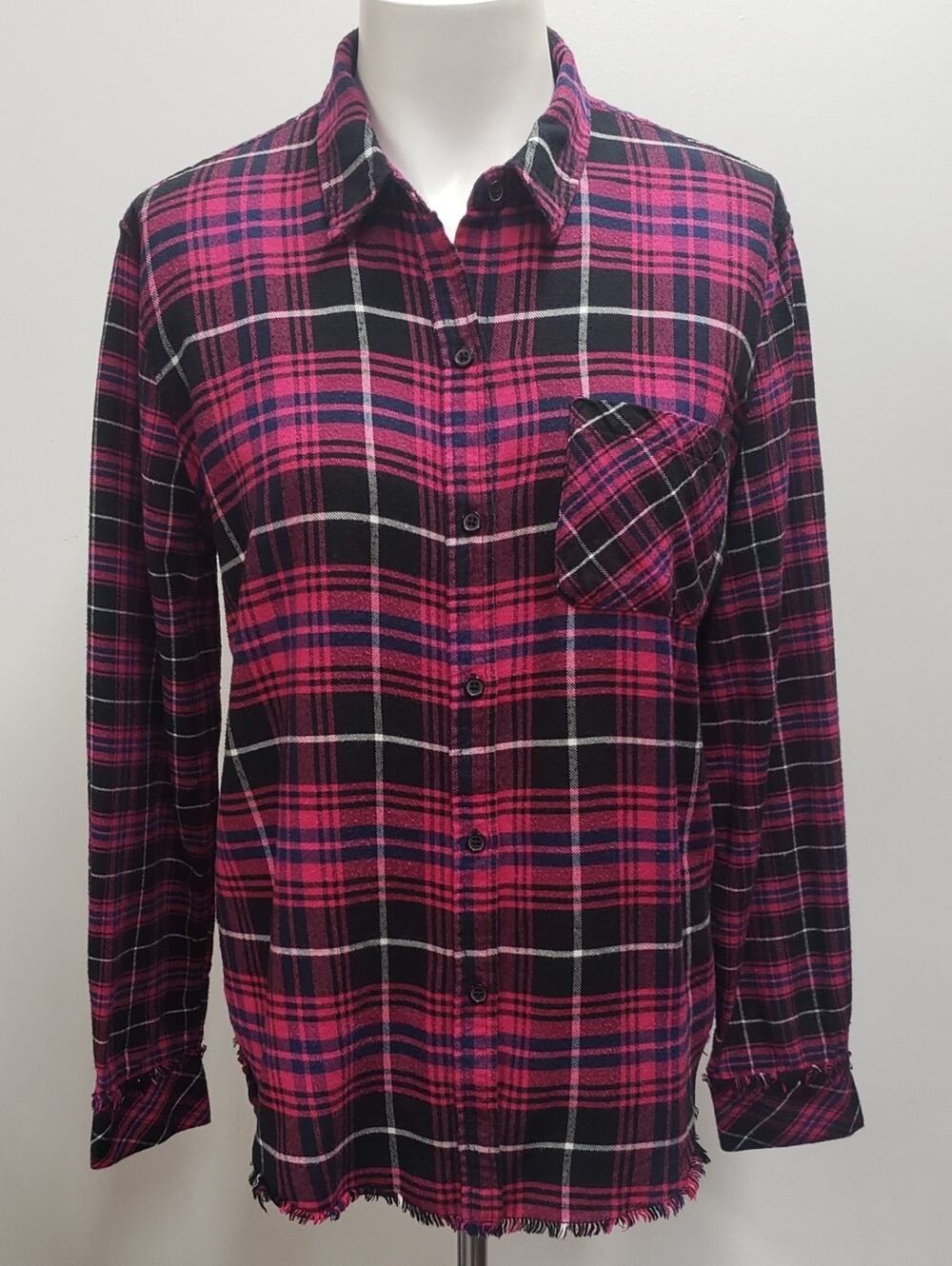 Rails Brock Fuschia Black Plaid Button Down Frayed Hem Top Western Women's L